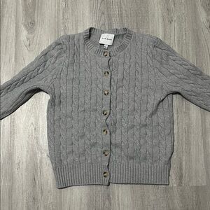 Pink Rose Heather Gray Cable Knit Button Crew Cardigan Long Sleeve Sweater